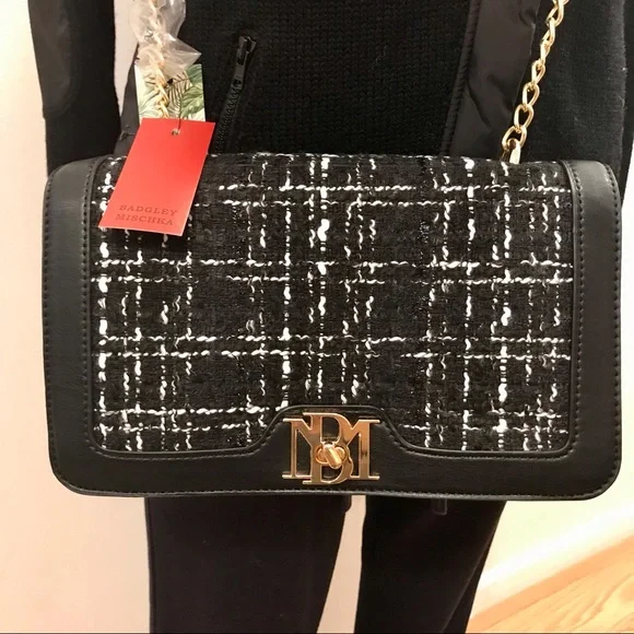 Badgley Mishka black & white tweed, vegan leather and yellow metal crossbody bag - Picture 2 of 14